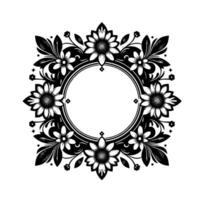 Ornate monochrome floral circular frame, symmetrical arrangement of stylized flowers and leaves, isolated on white background, perfect for . vector