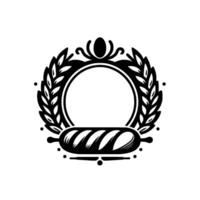 Ornate Black and White Bakery featuring a Circular Frame, Laurel Wreath, Decorative Top, and a Bread Loaf Illustration. vector