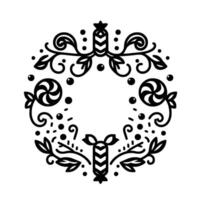 Festive Circular Black and white line art wreath, featuring candies, ribbons, swirls, and botanical elements on a white background. vector