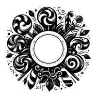 Black and White Candy Swirls and Lollipops in a Circular Emblem with Center for Text, Decorations. vector