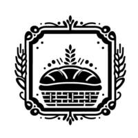 Intricate Black and White Illustration A Bread Basket Display Within an Ornate Framed Border of Floral and Wheat Elements. vector