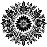 Intricate black and white floral mandala featuring a central large daisy surrounded by leaves and decorative patterns, evoking a sense of symmetry and tranquility. vector
