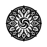 Intricate Black and White Circular Mandala with Stylized Leaves, Geometric Patterns, and Swirling Central Motif on a Clean White Backdrop. vector