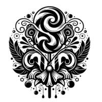 Intricate Black and White Ornamental Featuring a Swirling Lollipop, Floral Elements, and Delicate Details on White Background. vector