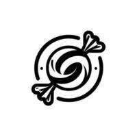 Artistic, monochromatic illustration of a swirl candy wrapped in a wrapper, inside a stylized circular frame with dot accents, on white background. vector