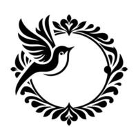 Black and white minimalist art stylized flying bird inside a floral wreath, perfect for invitations and elements. vector
