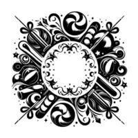Ornate Black and White CandyThemed Frame with Swirls, Lollipops, and Ornaments Surrounding a Central Empty Circle. vector