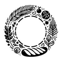 Intricate Black White Circular Wreath Featuring Botanicals, Berries, Flourish, and Loaf of Bread within a Circle vector