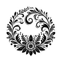 Intricate circular black and white floral with leaves, swirls, and a central flower, creating a symmetrical decorative motif on a plain white background. vector