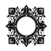 Ornate Black and White Circular Frame with Intricate Floral and Swirls Centered on a Square Base, Minimalist Style vector