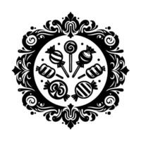 Ornate Black White Candy Medallion A stylized circular featuring various candies within an elaborate decorative frame, evoking a vintage or classic aesthetic. vector