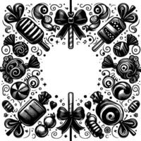 Ornate Black and White Candy Frame with Lollipops, Swirls, and Bows, Creating a Sweet and Decorative Border vector