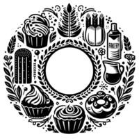 Monochromatic Bakery Wreath A stylized, circular with cakes, bread, Fakery bottle, and floral elements around a central void. vector