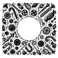 Whimsical Black and White Illustration of Assorted Candies Forming a Circular Border with a Blank Center vector