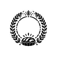 A minimalist black and white illustration features a pie at the bottom, encircled by a leafy wreath, evoking rustic charm. vector