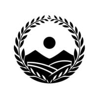Monochrome emblem of landscape mountains, sun, and rolling fields, framed by a laurel wreath, rendered in a minimalist style. vector