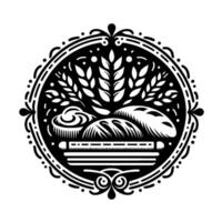 Intricate Black and White Bakery Emblem, Featuring Bread, Wheat, and Ornate Circle Frame. vector