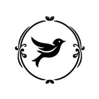 Elegant Black Bird Silhouette within Ornate Circular Frame, Isolated on White Background, Decorative Element. vector