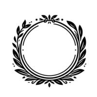 Elegant Black and White Circular Floral Frame Illustration with Leafy Elements and Decorative Dots, Suitable for Invitations and Emblems. vector
