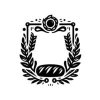Ornate monochrome bread and wheat , circular wheat and leaf wreath surrounding a loaf of bread, with a black and white color scheme. vector
