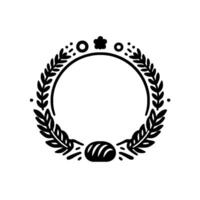 Minimalist Black and White Circular Laurel Wreath with Floral Elements and a Textured Center, Isolated on White. vector