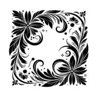 Elegant Black and White Floral Border with Detailed Petals, Leaves, and Swirls, Arranged in a Square Pattern on a White Backdrop. vector