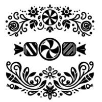 Monochromatic Illustration Ornamental, symmetrical candy and floral patterns in a decorative linear arrangement. vector