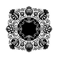 Symmetrical black and white patterned border featuring stylized candy, floral elements, and an ornate central frame, suitable for decorative use. vector