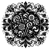 Intricate Black and White Illustration of a Candy Medley Within a Decorative, Ornate Circular Frame. vector
