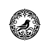 Elegant Silhouette Black Bird in Decorative Circular Frame with Floral and Ornamental Elements on White Background. vector