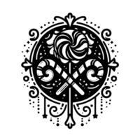 Intricate Black and White Illustration of Swirl Lollipop, Candy Canes, and Ornate Decorative Elements in a Circular Emblem . vector