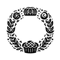 Black and white circular illustration of a wreath with stylized cupcakes, leaves, and swirls, creating a decorative border. vector