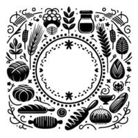 Artistic blackandwhite circular composition featuring various baked goods, wheat, leaves, and a central floraledged open space, illustrating bakery elements. vector