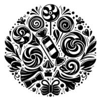 A circular black and white illustration of various candies, lollipops, ribbons, and a gift, arranged in a decorative pattern. vector