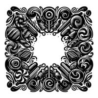 Ornate Black White Candy Frame A symmetrical border featuring lollipops, swirls, and other sweets in a decorative style, with a white center. vector