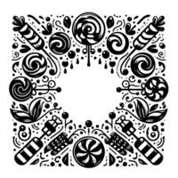 Intricate Black and White Candy Composition Swirls, Lollipops, and Sweet Elements Forming a Decorative Frame with Empty Center. vector