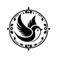Intricate black and white circular avian emblem, featuring a stylized swallow with outstretched wings, surrounded by a decorative floral border. vector
