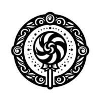 Black and white circular of a lollipop with ornate swirls and a decorative frame, symmetrical composition, and simple aesthetic. vector
