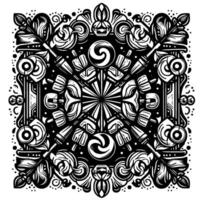 Symmetrical Black White Illustration Darts Swirls, Floral Motifs, and Geometric Patterns in Square, Decorative . vector
