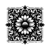 Intricate Black and White Floral Mandala A Symmetrical Featuring a Central Daisy Surrounded by Ornate Swirls and Leaves within a Bordered Frame. vector