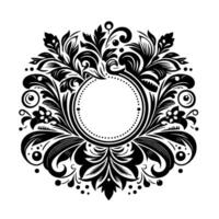 Detailed Monochrome Floral Crest Featuring Circular Frame Adorned with Leaves, Petals, and Ornate Flourishes, set against a pure white backdrop. vector