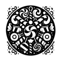 Intricate Monochrome Mandala of Candy Lollipops, Candy Canes, Sweets, and Swirls in a Circular Composition. vector