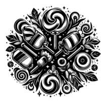 Intricate Monochrome Illustration of a Circular Composition Featuring an Assortment of Candies, Lollipops, Leaves, and Ornamental Swirls, Creating a Playful, Decorative . vector