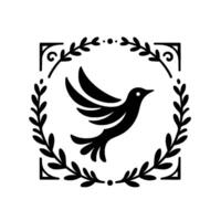 Elegant Black White Illustration of a Dove in Flight, Surrounded by a Laurel Wreath Decorative Square Frame. vector