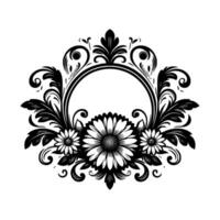 Elegant Floral Emblem Monochromatic of a Circular Frame Adorned with Intricate Leaves, Swirls, and Daisies. vector