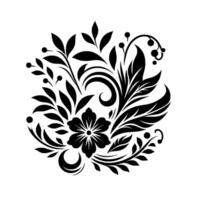 Intricate Black and White Floral A Symmetrical Composition Featuring a Central Flower, Leaves, Berries and Scrollwork on White Background. vector