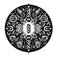 Intricate Black and White Circular Ornament Featuring Stylized Candies, Swirls, Geometric Shapes, and Foliage Elements. vector
