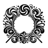 Black White Circular Ornament Featuring Swirl Lollipops Floral Scrollwork, Empty Center Space, Decorative . vector