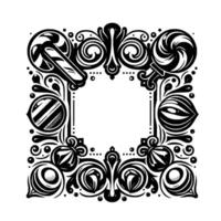 Intricate Black White Frame Featuring Lollipop Elements in a Symmetrical, Ornamental Composition. vector