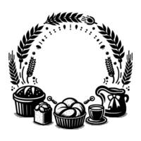 Monochromatic Bakery Wreath Bread, Cakes, Coffee, and Teapot Encircled by Wheat, Flourishing for a Fresh, Rustic Aesthetic. vector